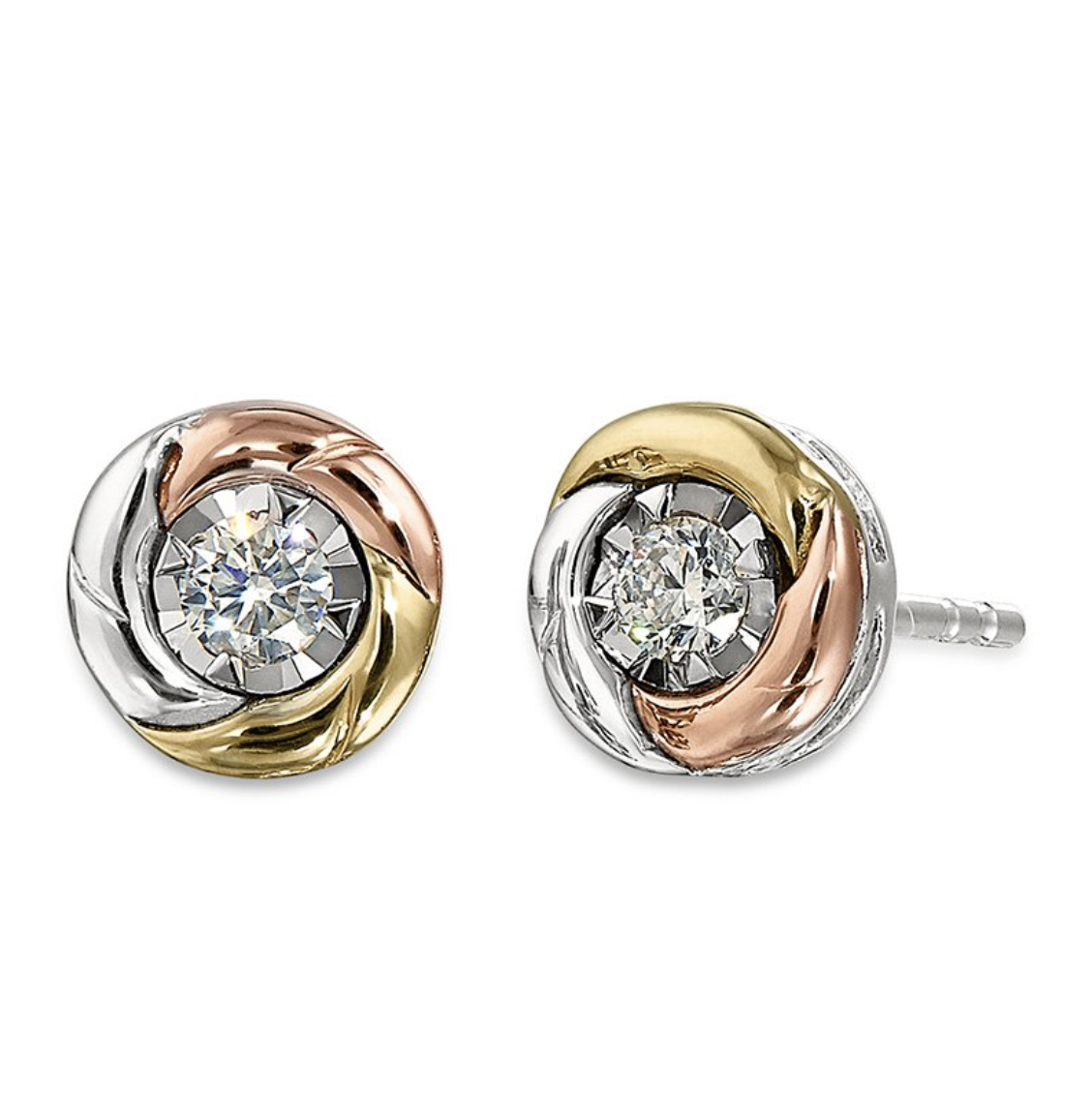 10KT TriTone Circle Diamond Stud Earrings