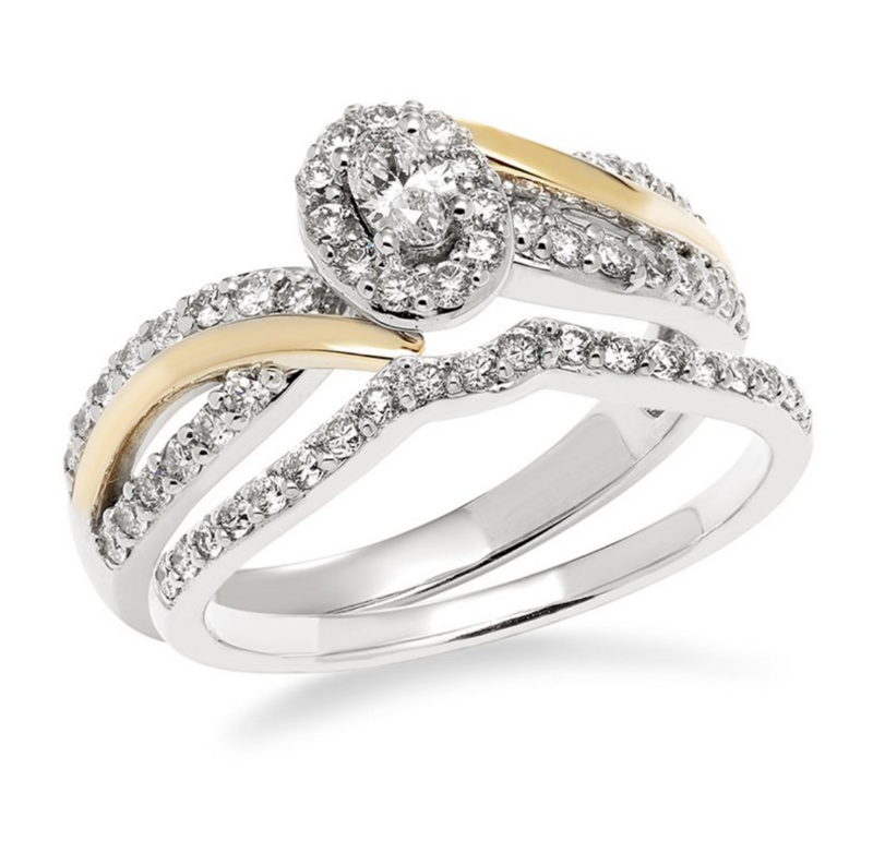 10KT TwoTone Oval Diamond Halo Swirl Wed Set