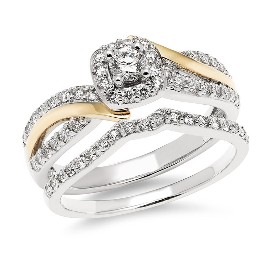 10KT TwoTone Round Diamond and Square Halo Twist Wed Set