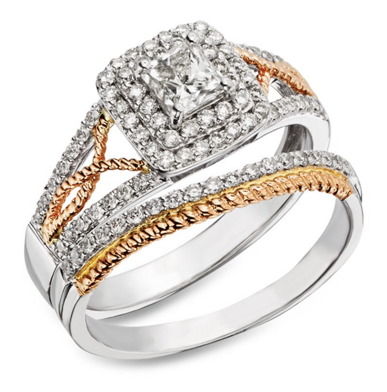 14KT TwoTone Princess Double Halo Wed Set