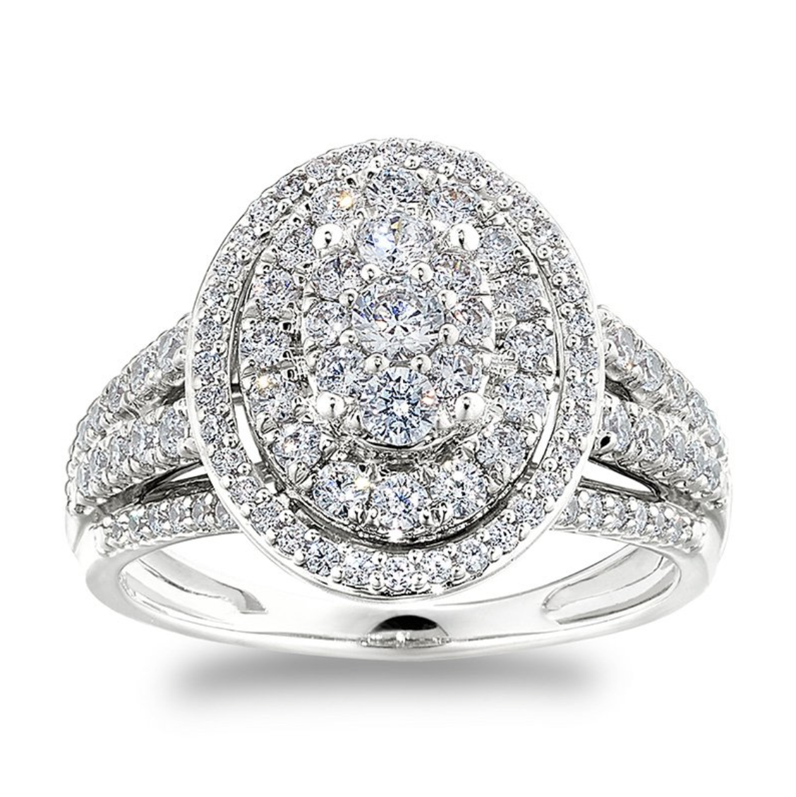 14KT White Gold Oval Diamond Cluster and Double Halo Engagement Ring