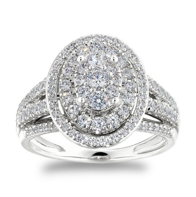 14KT White Gold Oval Diamond Cluster and Double Halo Engagement Ring