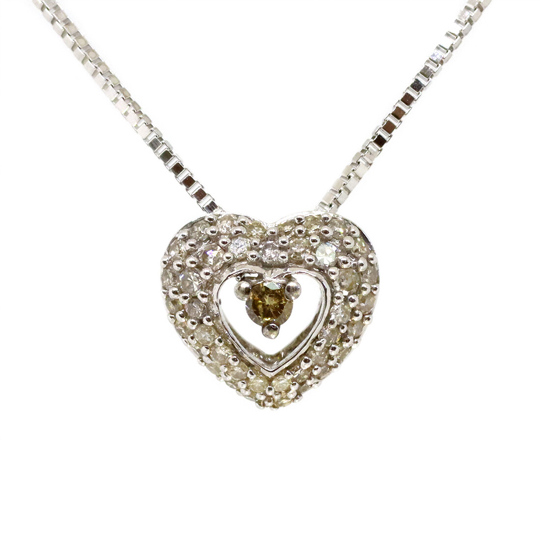 10KT White Gold Champagne and White Diamond Heart Necklace