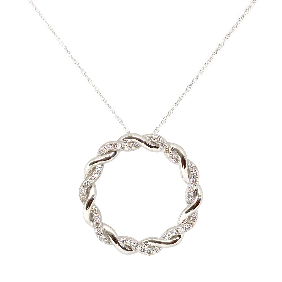 14KT White Gold Diamond Twisted Open Circle Necklace