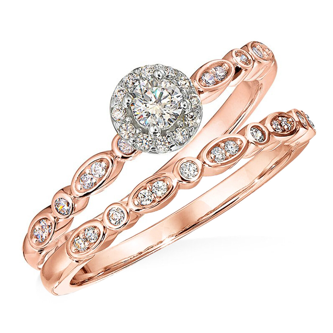 14KT Rose Gold Vintage Diamond Halo Wed Set