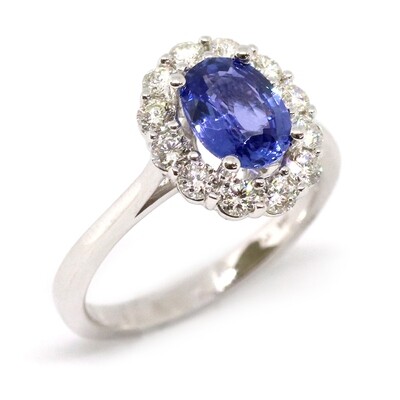14KT White Gold Oval Sapphire Diamond Halo Ring