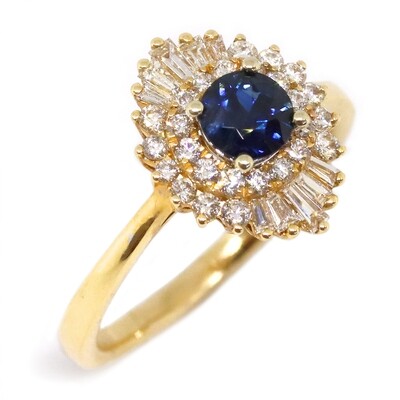 14KT Yellow Gold Round Sapphire Diamond Double Halo Ring