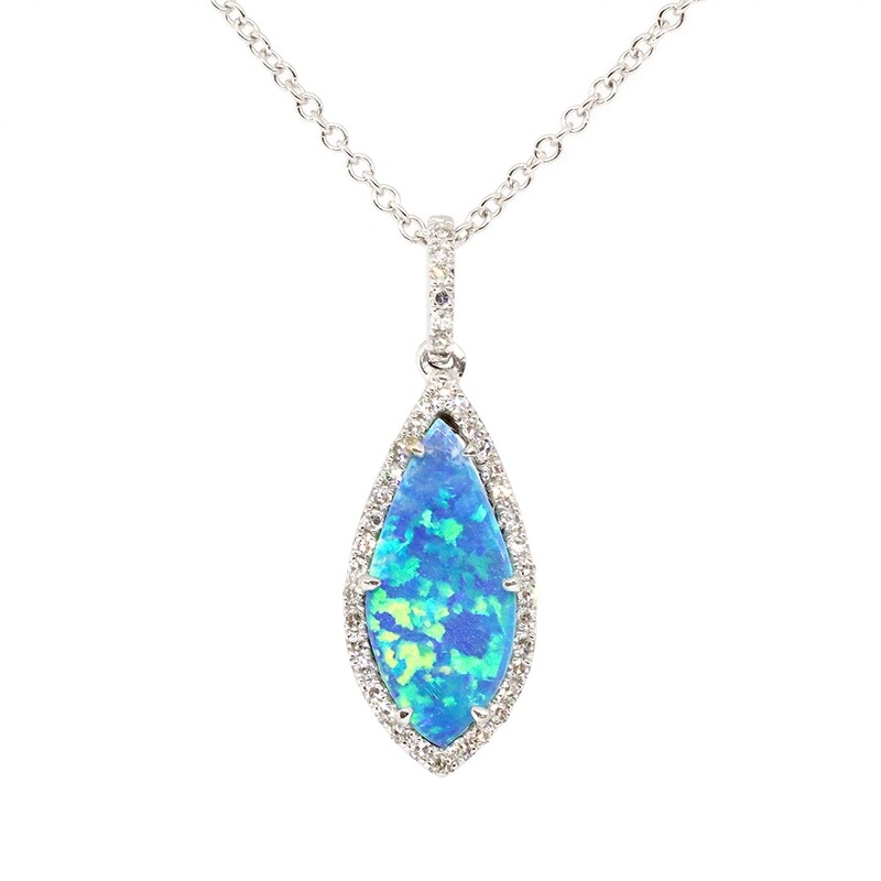 White Gold Black Opal Doublet Diamond Halo Necklace