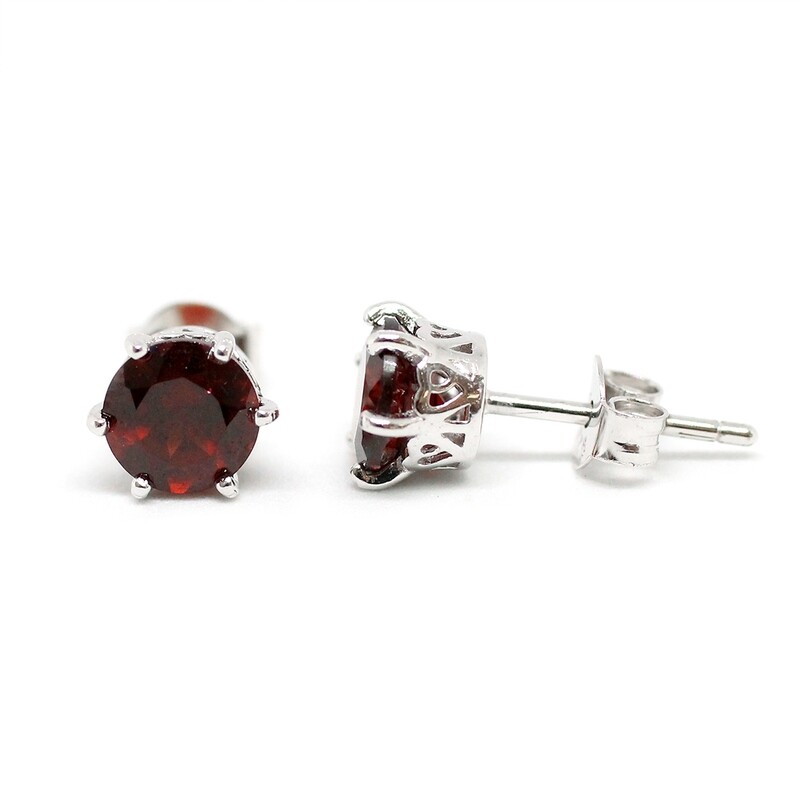 Silver Round Garnet Stud Earrings