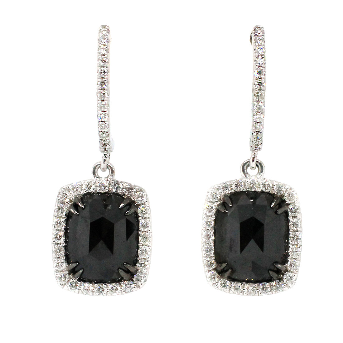 14KT White Gold Rectangle Black Diamond and White Diamond Halo Earrings