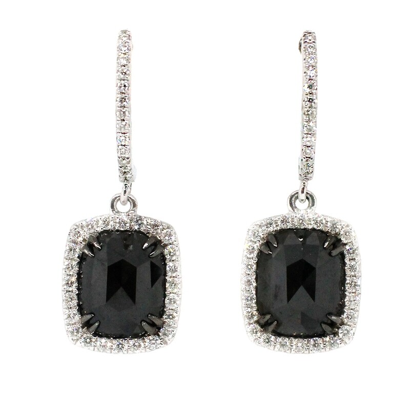 14KT White Gold Rectangle Black Diamond and White Diamond Halo Earrings