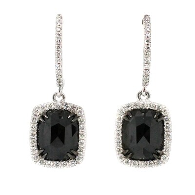 14KT White Gold Rectangle Black Diamond and White Diamond Halo Earrings