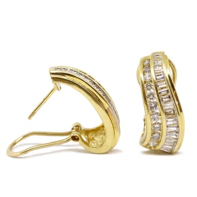 14KT Yellow Gold Dual Channel Round and Baguette Diamond Earrings