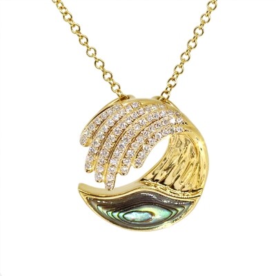 14KT Yellow Gold Abalone and Diamond Wave Necklace