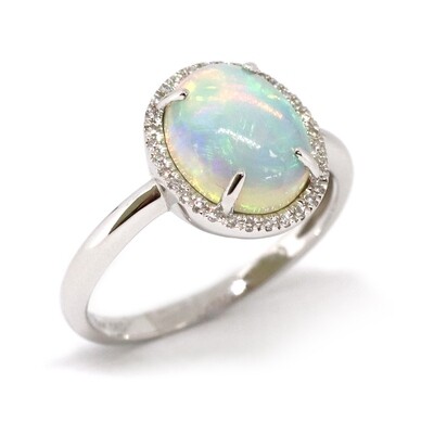 14KT White Gold Oval Opal Diamond Halo Ring