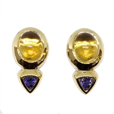 Gold-Plated Silver Oval Cabochon Citrine and Iolite Earrings