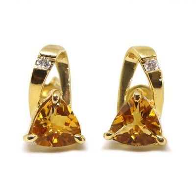 14KT Yellow Gold Trillion Citrine Diamond Open Loop Stud Earrings