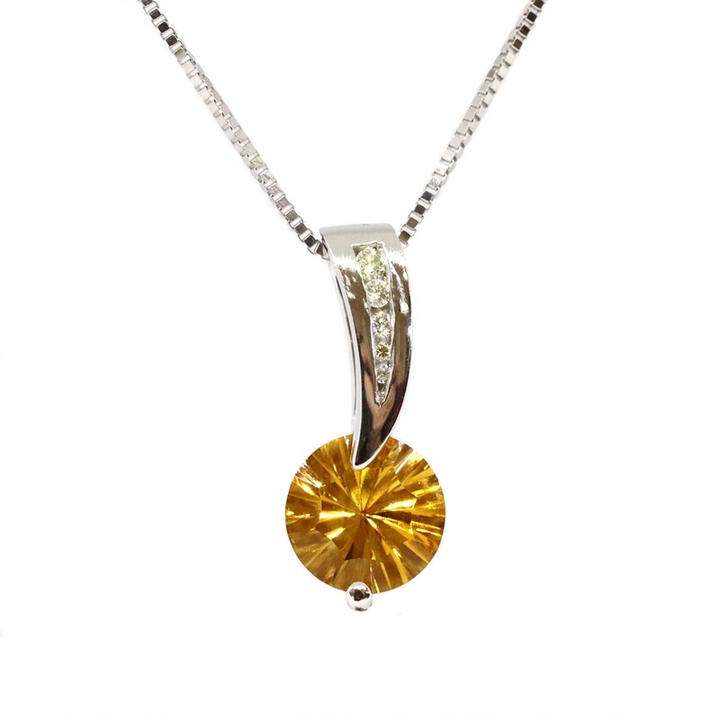 14KT White Gold Round Citrine Channel Diamonds Necklace