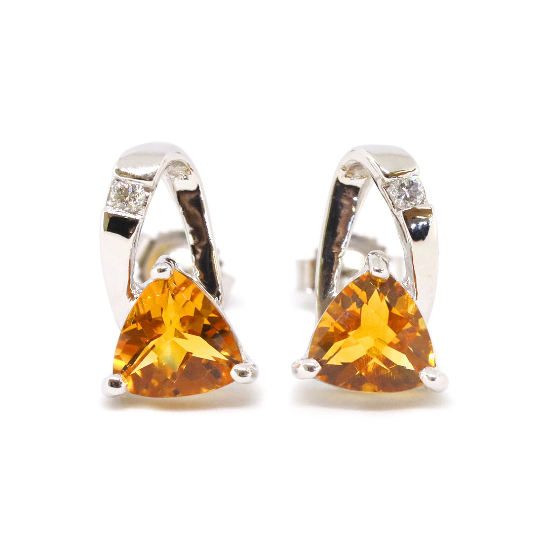 14KT White Gold Trillion Citrine Diamond Open Loop Earrings