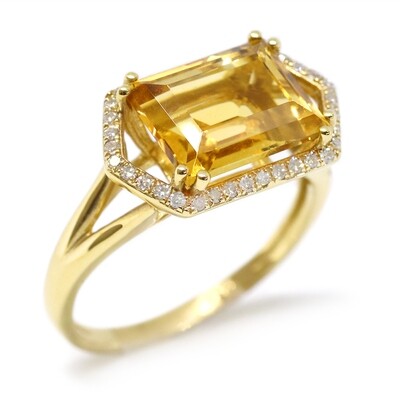 14KT Yellow Gold Rectangle Citrine Diamond Halo Ring