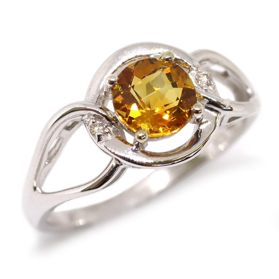 10KT White Gold Round Citrine Diamond Accent Interlocking Link Ring