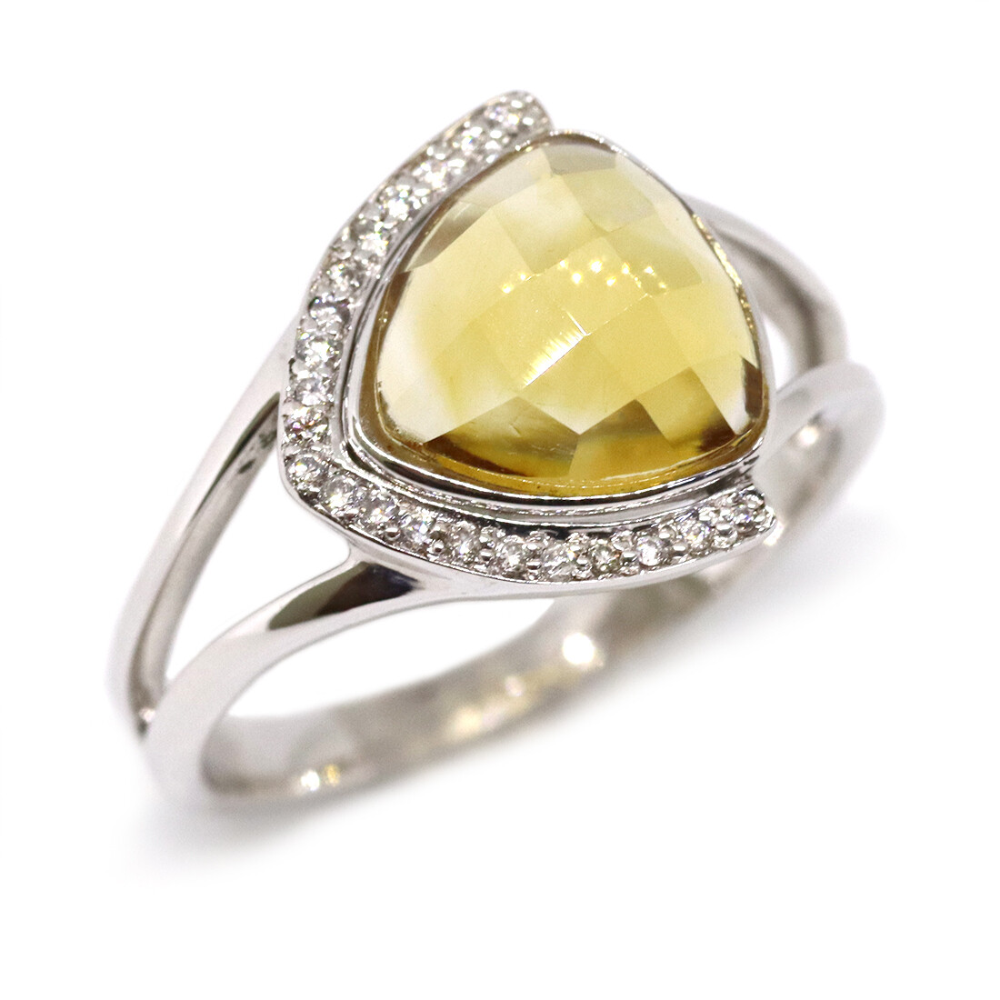 14KT White Gold Trillion Citrine Diamond Accent Ring