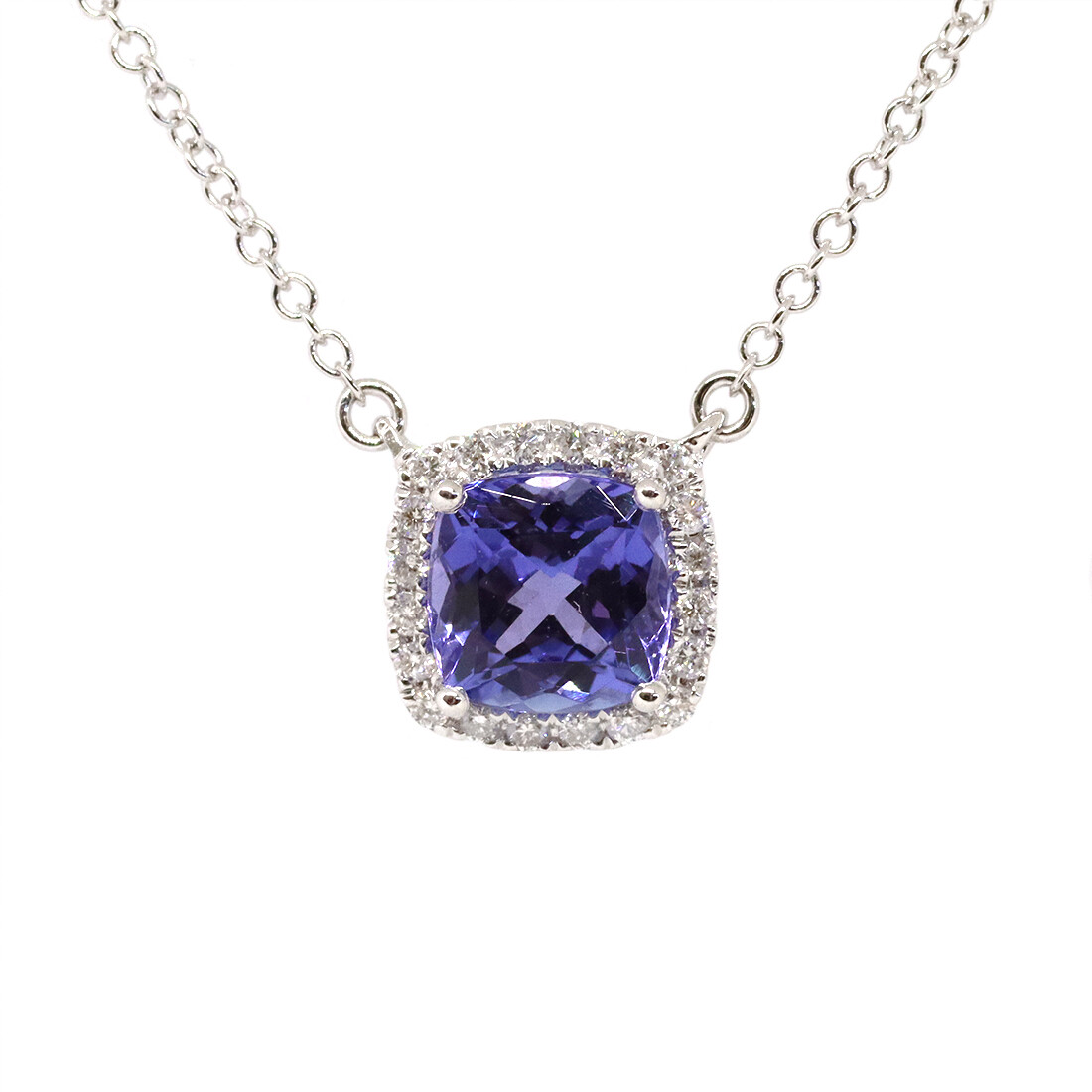 14KT White Gold Cushion Tanzanite Diamond Halo Necklace