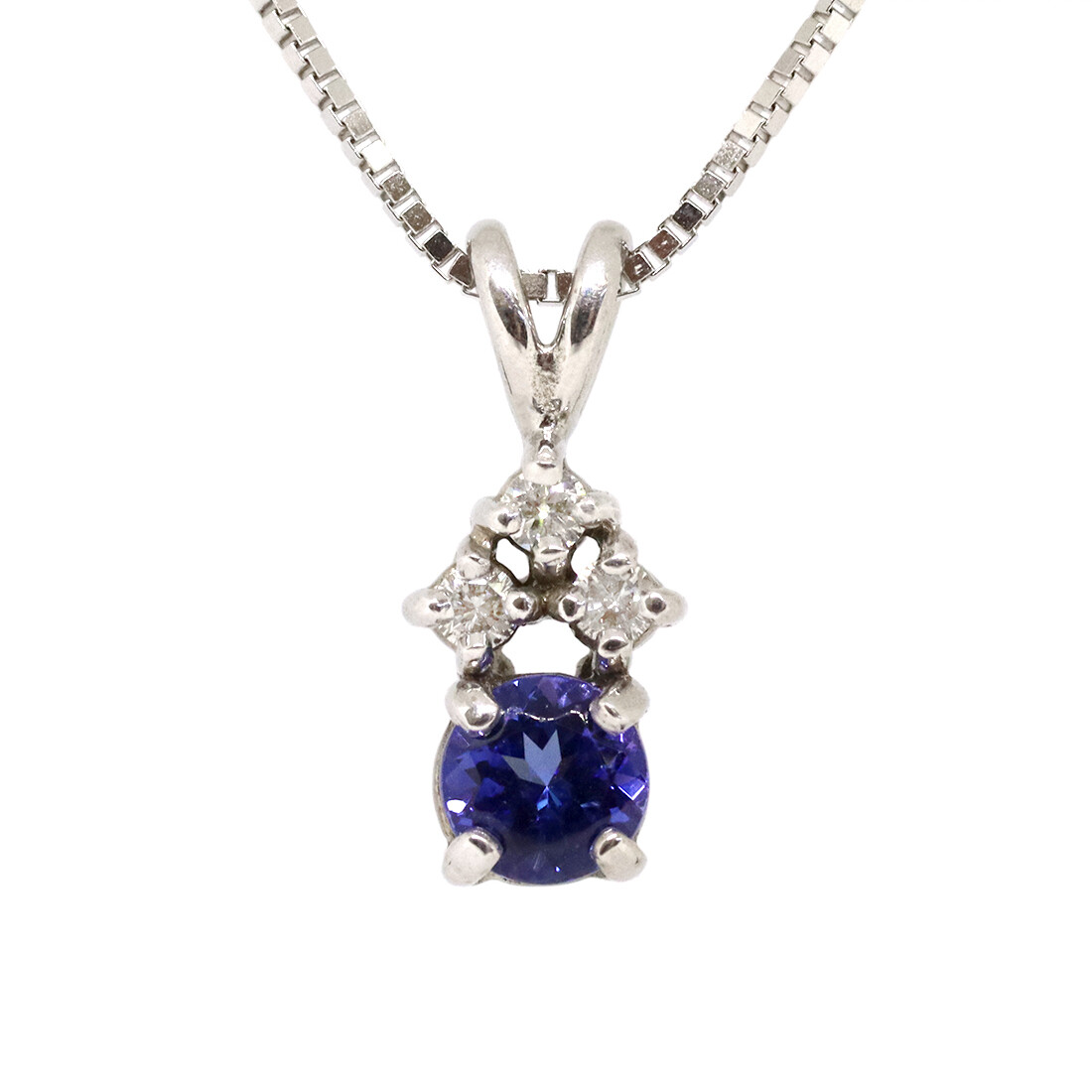 14KT White Gold Round Tanzanite Three Diamond Necklace