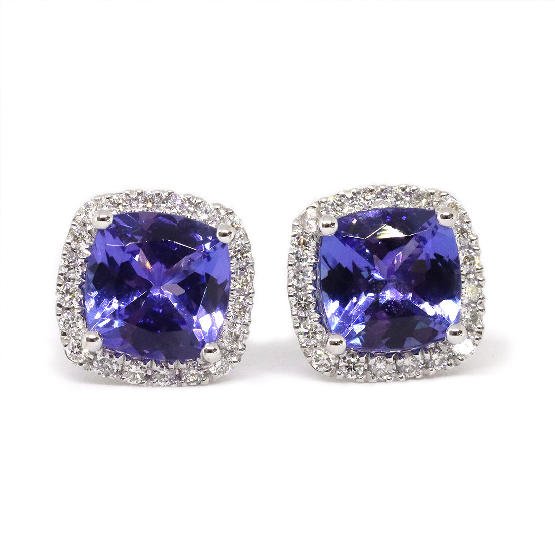 14KT White Gold Cushion Tanzanite Diamond Halo Stud Earrings