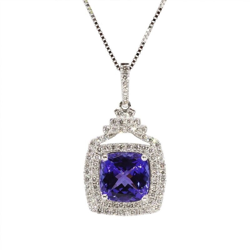 14KT White Gold Cushion Tanzanite Double Diamond Halo Necklace