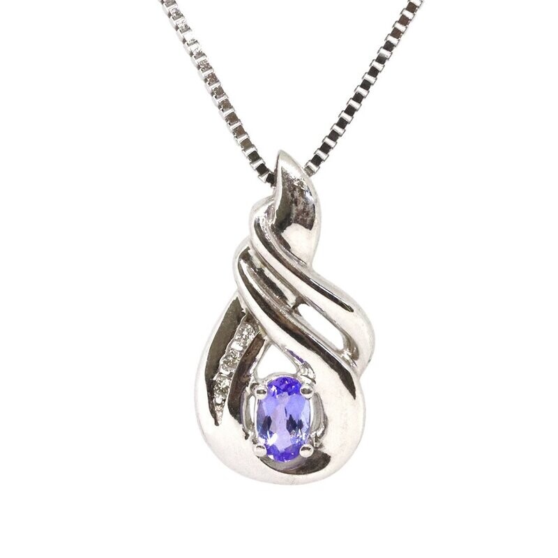 14KT White Gold Oval Tanzanite Diamond Swirl Necklace