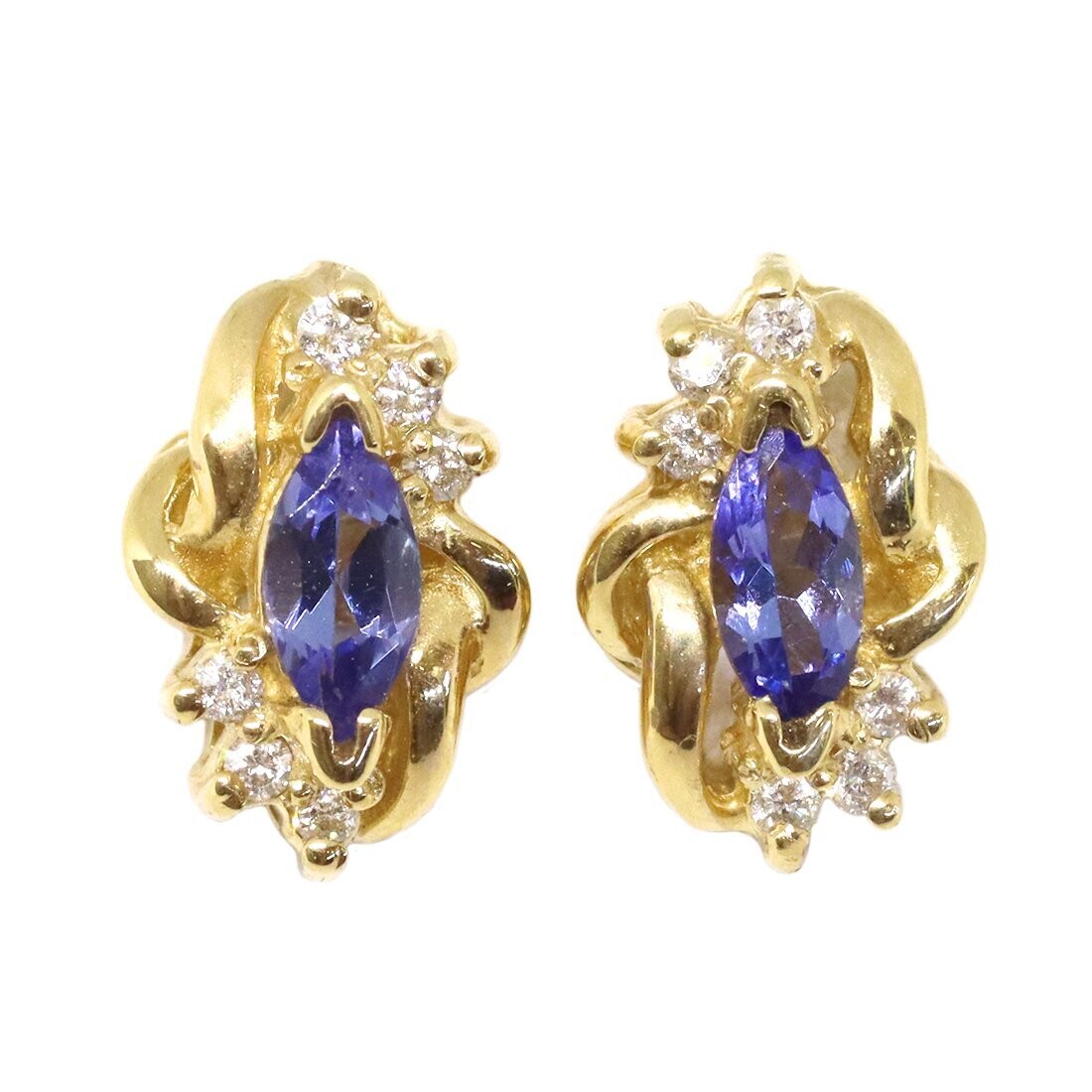 14KT Yellow Gold Marquise Tanzanite Diamond Swirl Stud Earrings