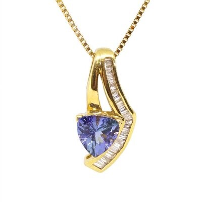 14KT Yellow Gold Trillion Tanzanite Baguette Diamond Necklace