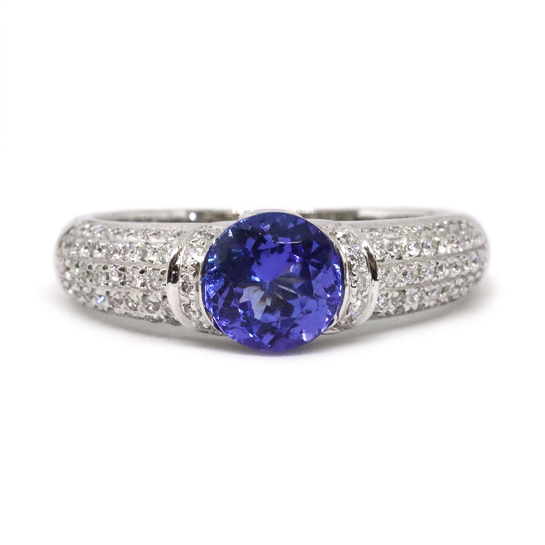 14KT White Gold Round Tanzanite Diamond Pave Ring