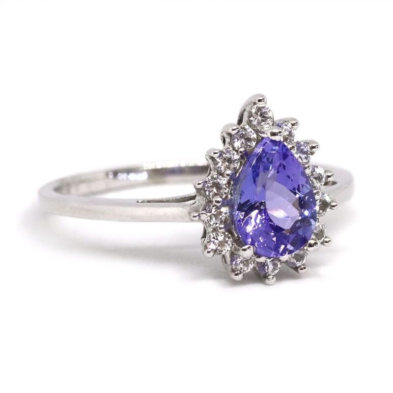 White Gold Pear Tanzanite White Sapphire Halo Ring