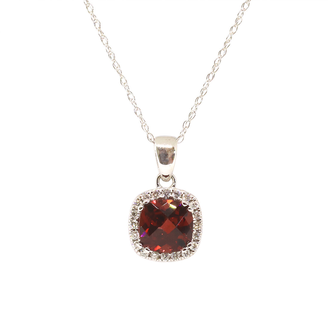 10KT White Gold Cushion Garnet Diamond Halo Necklace