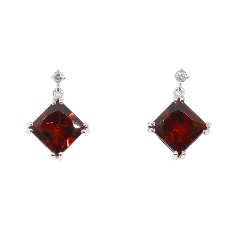 14KT White Gold Square Garnet Diamond Accent Earrings