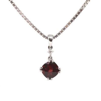 14KT White Gold Checkered Cushion Garnet Diamond Accent Necklace