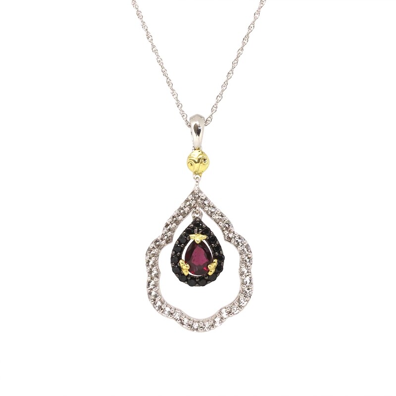 Silver TwoTone Pear Rhodolite Garnet with White Topaz and Black Spinel Necklace