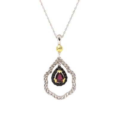 Silver TwoTone Pear Rhodolite Garnet with White Topaz and Black Spinel Necklace
