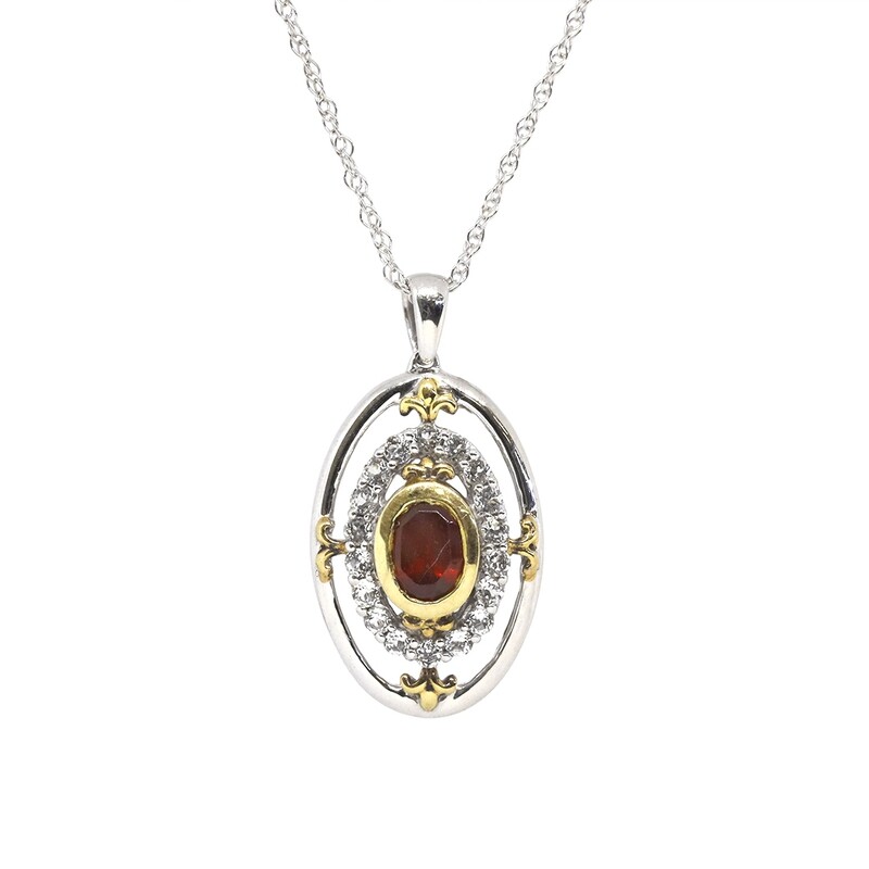 Silver TwoTone Oval Garnet White Topaz Halo Necklace