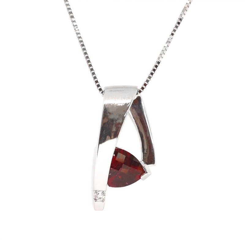 14KT White Gold Checkered Trillion Garnet Round Diamond Accent Necklace