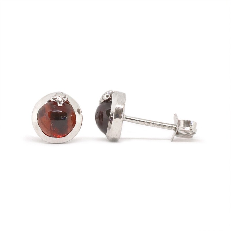 Silver Round Cabochon Garnet Stud Earrings