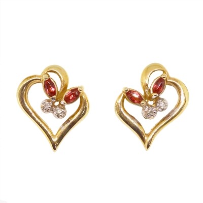 14KT Yellow Gold Dual Marquise Garnets and Round Diamond Heart Earrings
