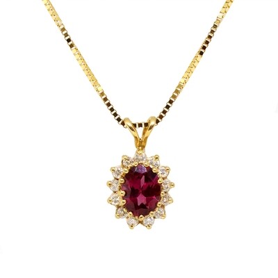 14KT Yellow Gold Oval Rhodolite Garnet Diamond Halo Necklace