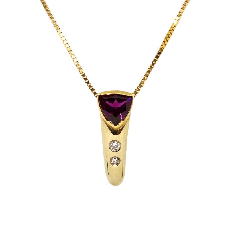 14KT Yellow Gold Trillion Rhodolite Garnet Diamond Necklace