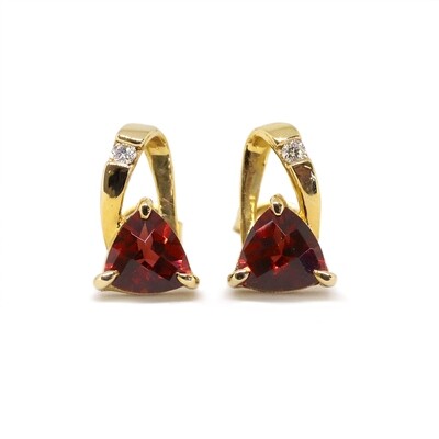 14KT Yellow Gold Trillion Garnet Diamond Open Loop Stud Earrings