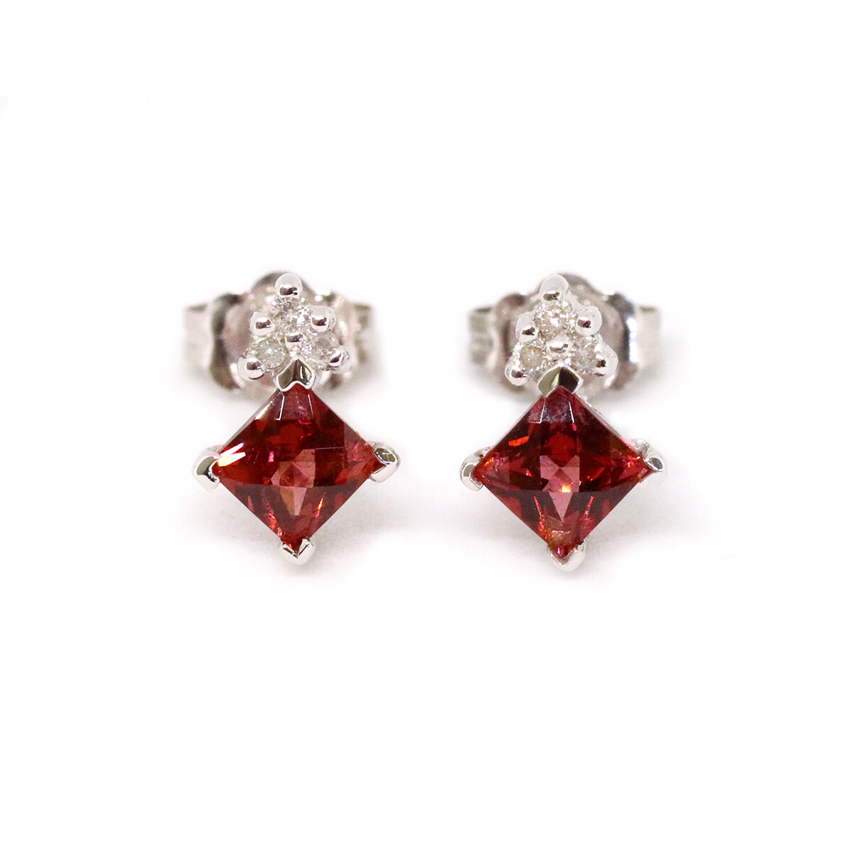 14KT White Gold Square Garnet Diamond Accents Earrings