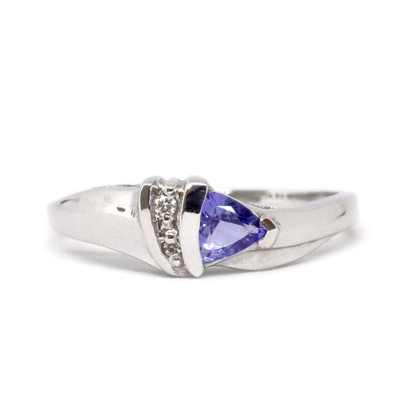 14KT White Gold Trillion Tanzanite Two Diamond Ring