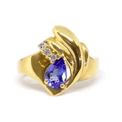 14KT Yellow Gold Pear Tanzanite Diamond Accent Fancy Ring